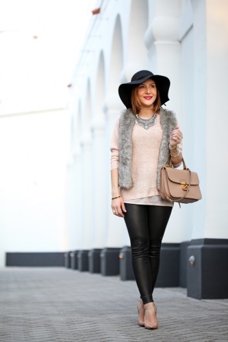 2-22-16-Blame-it-on-Mei-Fashion-Blogger-2016-Winter-Rose-Quartz-Sweater-Faux-Fur-Vest-Miu-Miu-Handbag-Mirina-Max-Statement-Necklace-Christian-Louboutin-Nude-Pumps-Coated-Leggings-Floppy-Hat