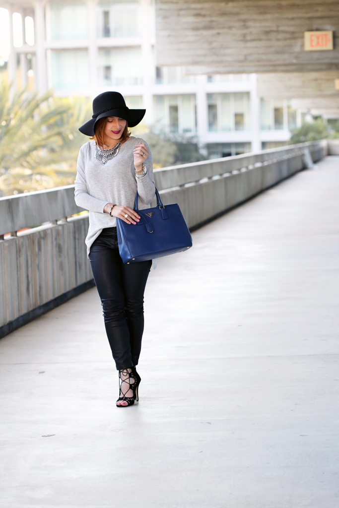 3-2-16-Blame-it-on-Mei-Miami-Fashion-Blogger-2016-Winter-Gray-Grey-Sweater-Mirina-Max-Statement-Necklace-Prada-Saffiano-Lux-Tote-Handbag-Lace-Up-Sandals-Coated-Jeans-Floppy-Hat