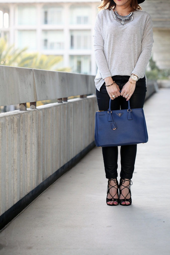 3-2-16-Blame-it-on-Mei-Miami-Fashion-Blogger-2016-Winter-Gray-Grey-Sweater-Mirina-Max-Statement-Necklace-Prada-Saffiano-Lux-Tote-Handbag-Lace-Up-Sandals-Coated-Jeans-Floppy-Hat