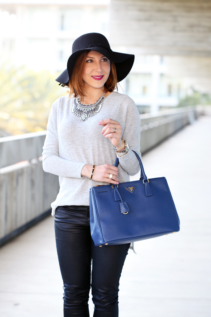 3-2-16-Blame-it-on-Mei-Miami-Fashion-Blogger-2016-Winter-Gray-Grey-Sweater-Mirina-Max-Statement-Necklace-Prada-Saffiano-Lux-Tote-Handbag-Lace-Up-Sandals-Coated-Jeans-Floppy-Hat