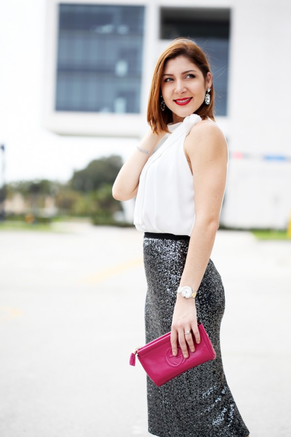 Blame-it-on-Mei-Miami-Fashion-Blogger-2016-Wedding-Guest-Outfit-Idea-Inspiration-Sequin-Pencil-Skirt-Gucci-Fucshia-Clutch-Louboutin-Iriza-Pumps-Bow-Neck-Halter-Blouse-Baublebar-Ascher-Earrings