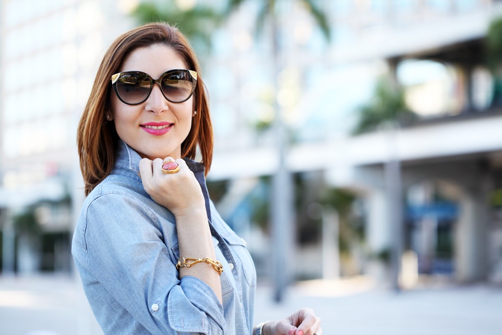 Blame-it-on-Mei-Miami-Fashion-Blogger-2016-Spring-Outfit-Chambray-Top-Lace-Pencil-Skirt-Miu-Miu-Handbag-Louboutin-Nude-Heels-Cateye-Sunglasses-YSL-Arty-Ring