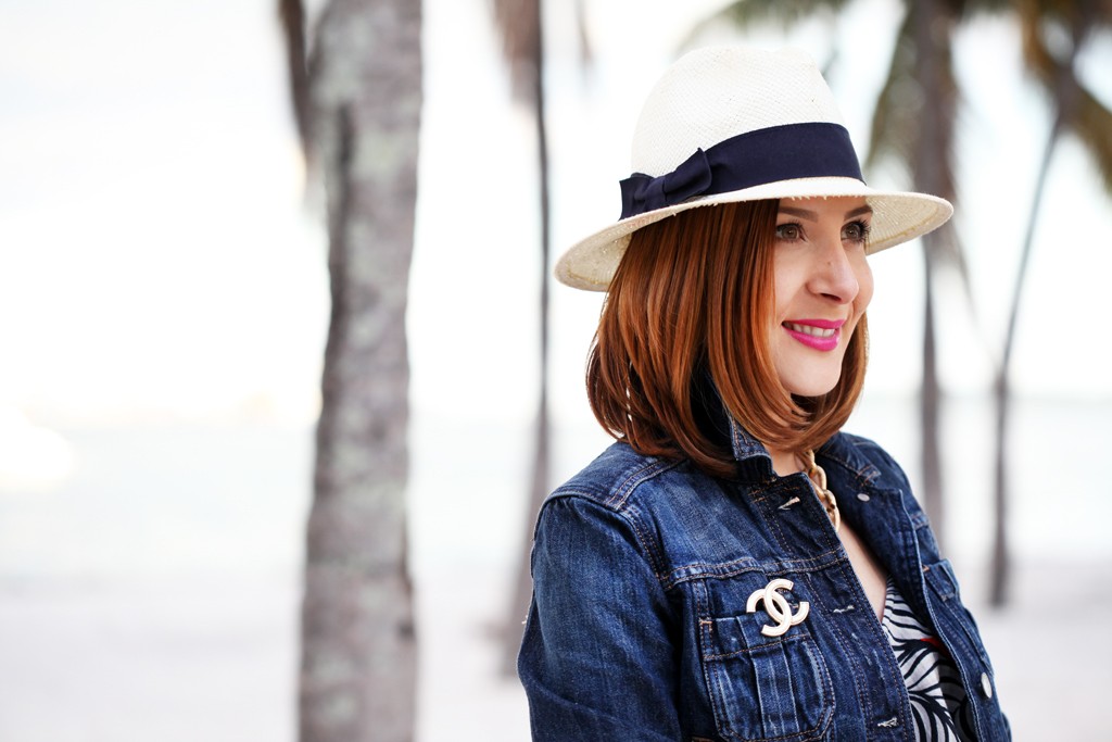 Blame-it-on-Mei-Miami-Fashion-Blogger-2016-Spring-Outfit-Chanel-Classic-Flap-Brooch-Denim-Jacket-Palm-Tree-Jumpsuit-Panama-Hat-Bow-Wedges