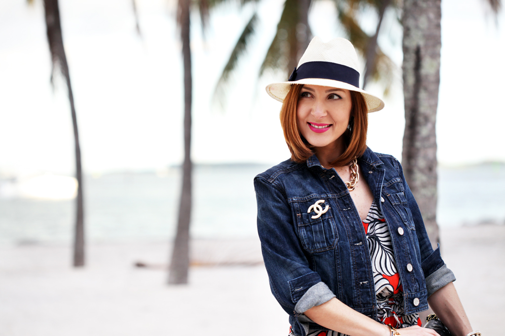 Blame-it-on-Mei-Miami-Fashion-Blogger-2016-Spring-Outfit-Chanel-Classic-Flap-Brooch-Denim-Jacket-Palm-Tree-Jumpsuit-Panama-Hat-Bow-Wedges