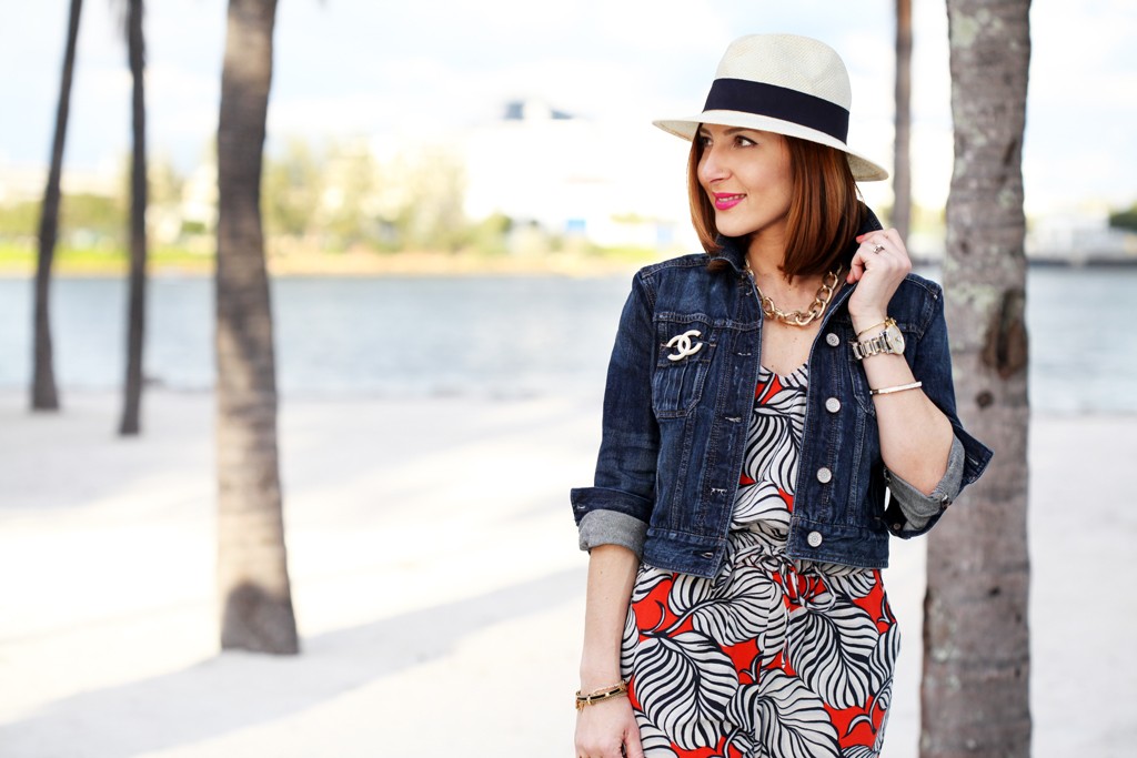 Blame-it-on-Mei-Miami-Fashion-Blogger-2016-Spring-Outfit-Chanel-Classic-Flap-Brooch-Denim-Jacket-Palm-Tree-Jumpsuit-Panama-Hat-Bow-Wedges