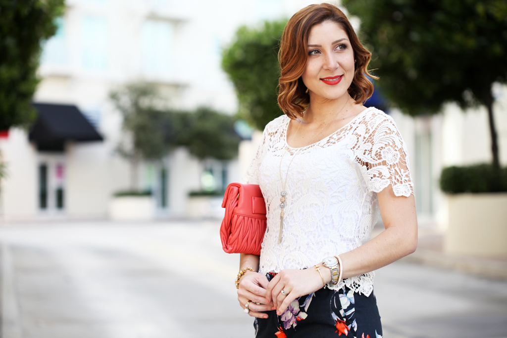 3-7-16-Blame-it-on-Mei-Miami-Fashion-Blogger-2016-Spring-Outfit-Floral-Trouser-Pants-Crochet-Lace-Top-Coral-Miu-Miu-Clutch-Cream-White-Pumps-Short-Hair-Soft-Waves
