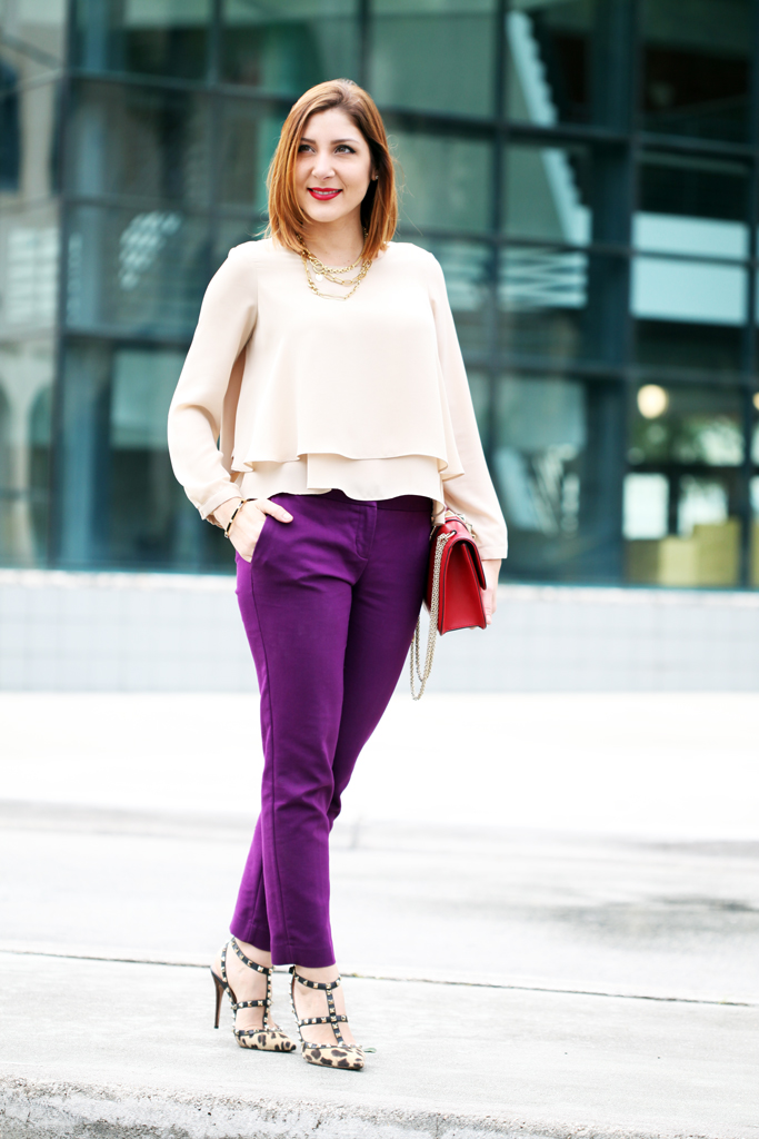 Blame-it-on-Mei-Miami-Fashion-Blogger-2016-Spring-Outfit-Color-Blocking-Valentino-Rockstud-Leopard-Sandals-Henri-Bendel-Link-Layered-Necklace-Flowy-Top-Purple-Pants-Trousers