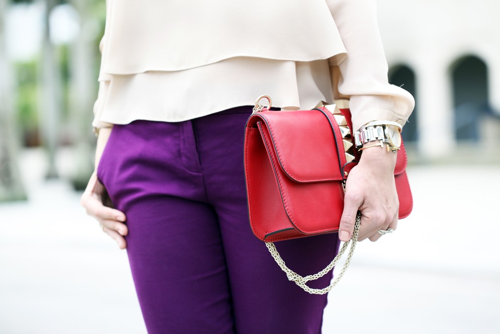 Blame-it-on-Mei-Miami-Fashion-Blogger-2016-Spring-Outfit-Color-Blocking-Valentino-Rockstud-Leopard-Sandals-Henri-Bendel-Link-Layered-Necklace-Flowy-Top-Purple-Pants-Trousers