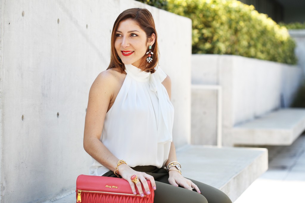 Blame-it-on-Mei-Miami-Fashion-Blogger-2016-Spring-Outfit-Idea-Olive-Green-Trouser-Pants-Bow-Neck-Blouse-Coral-Miu-Miu-Clutch-Metalic-Gold-Louboutin-Pumps-YSL-Arty-Ring