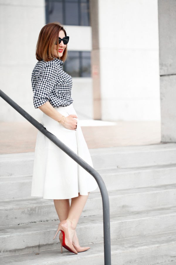 Blame-it-on-Mei-Miami-Fashion-Blogger-2016-Spring-Outfit-Idea-Look-Inspiration-Buffalo-Plaid-Shirt-Midi-Pleather-White-Skirt-Gucci-Soho-Crossbody-Miu-Miu-Cat-Eye-Loubotin-Nude-Blush-Heels