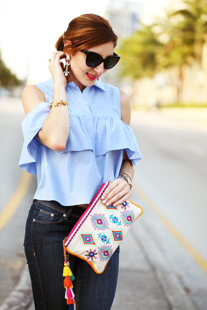 Blame-it-on-Mei-Miami-Fashion-Blogger-2016-Spring-Outfit-Idea-Look-Inspiration-Ruffle-Cold-Shoulder-Top-With-Denim-Jeans-Canvas-Clutch-Yellow-Strappy-Sandals-Miu-Miu-Cat-Eye