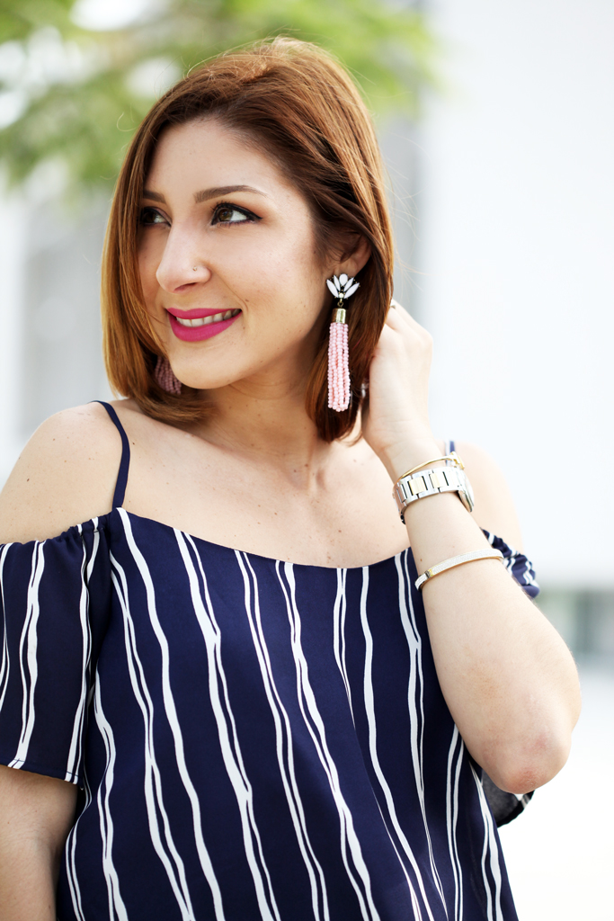Blame-it-on-Mei-Miami-Fashion-Blogger-2016-Spring-Outfit-Idea-Look-Off-The-Shoulder-Romper-Stripe-Romper-Tory-Burch-Diana-Clutch-Baublebar-Acid-Fringe-Tassel-Earrings