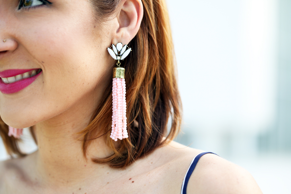 Blame-it-on-Mei-Miami-Fashion-Blogger-2016-Spring-Outfit-Idea-Look-Off-The-Shoulder-Romper-Stripe-Romper-Tory-Burch-Diana-Clutch-Baublebar-Acid-Fringe-Tassel-Earrings