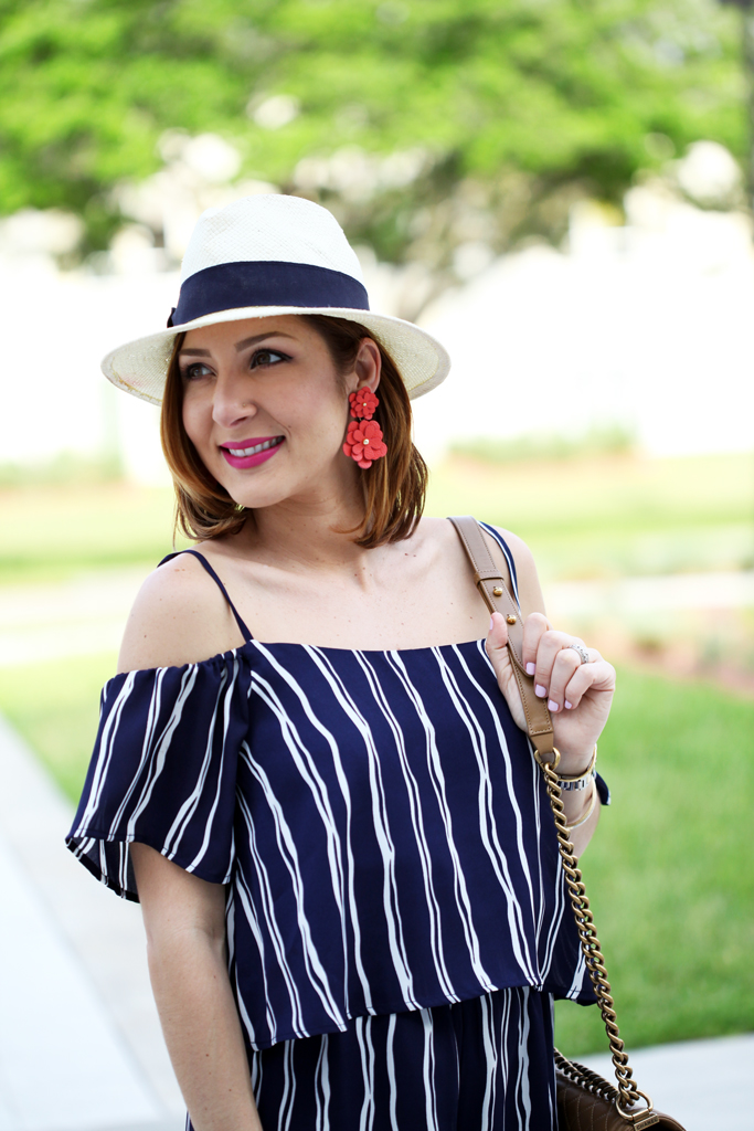 Blame-it-on-Mei-Miami-Fashion-Blogger-2016-Spring-Outfit-Idea-Look-Inspiration-Off-The-Shoulder-Romper-Navy-Stripe-Romper-Chanel-Boy-Lace-Up-Sandals-Baublebar-Zoe-Flower-Earrings