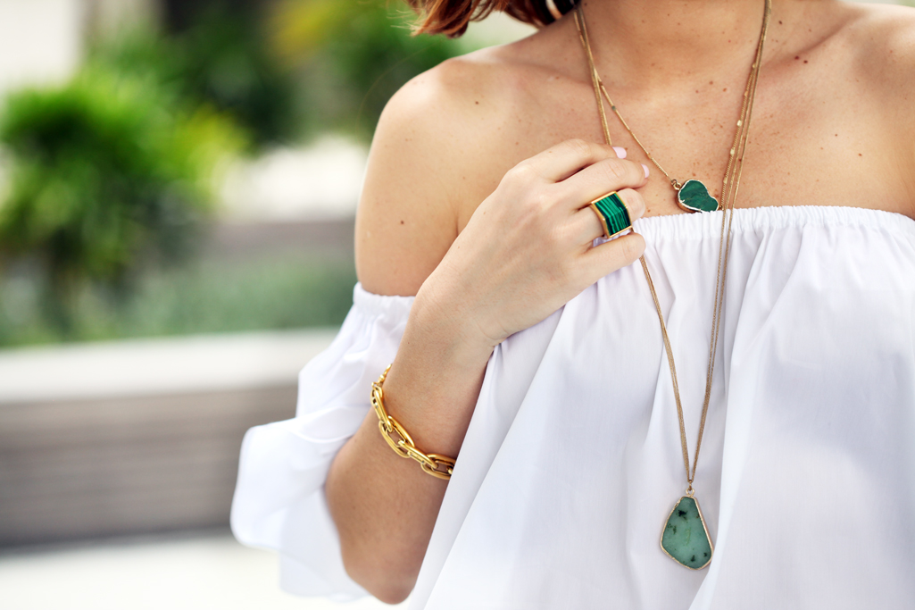 Blame-it-on-Mei-Miami-Fashion-Blogger-2016-Spring-Outfit-Idea-Look-Off-The-Shoulder-Top-Green-Pendant-Necklace-LV-Metallic-Gold-YSL-Floral-Pants-Jewel-Emerald-Ring