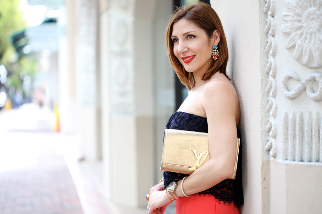 Blame-it-on-Mei-Miami-Fashion-Blogger-2016-Spring-Outfit-Idea-Look-How-To-Culottes-With-Slit-Lace-Strapless-Top-LV-Metallic-Clutch-Louboutin-Gold-Sandals-YSL-Turquoise-Arty-Ring