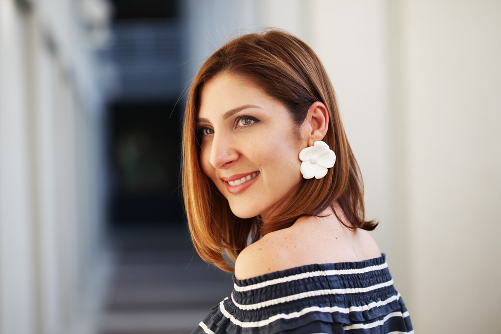 Blame-it-on-Mei-Miami-Fashion-Blogger-2016-Spring-Outfit-Idea-Look-Stripe-Off-The-Shoulder-Top-Floral-Pants-Prada-Navy-Handbag-Baublebar-Flower-Geranium-Stud-Earrings-Mixing-Patterns