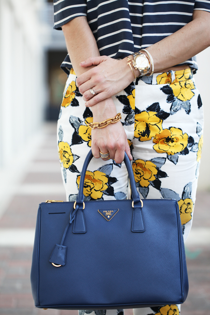 Blame-it-on-Mei-Miami-Fashion-Blogger-2016-Spring-Outfit-Idea-Look-Stripe-Off-The-Shoulder-Top-Floral-Pants-Prada-Navy-Handbag-Baublebar-Flower-Geranium-Stud-Earrings-Mixing-Patterns