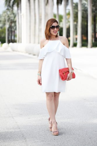 Blame-it-on-Mei-Miami-Fashion-Blogger-2016-Spring-Outfit-Look-Off-The-Shoulder-Dress-Miu-Miu-Coral-Clutch-Baublebar-Honolulu-Tassel-Earrings-Aquazzura-Wild-One-Tassel-Wedges