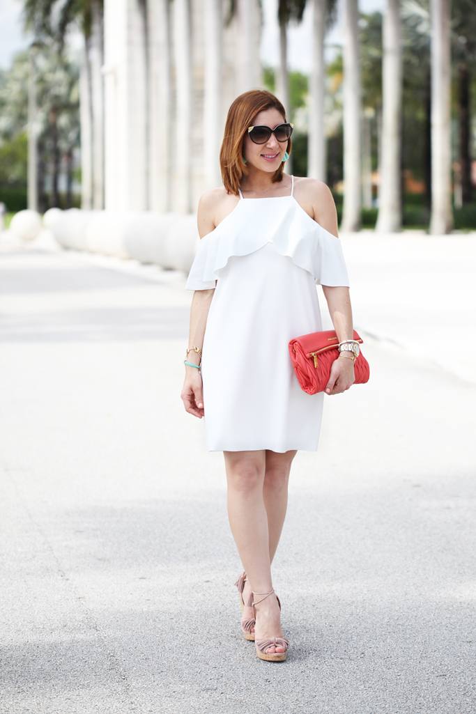 Blame-it-on-Mei-Miami-Fashion-Blogger-2016-Spring-Outfit-Look-Off-The-Shoulder-Dress-Miu-Miu-Coral-Clutch-Baublebar-Honolulu-Tassel-Earrings-Aquazzura-Wild-One-Tassel-Wedges