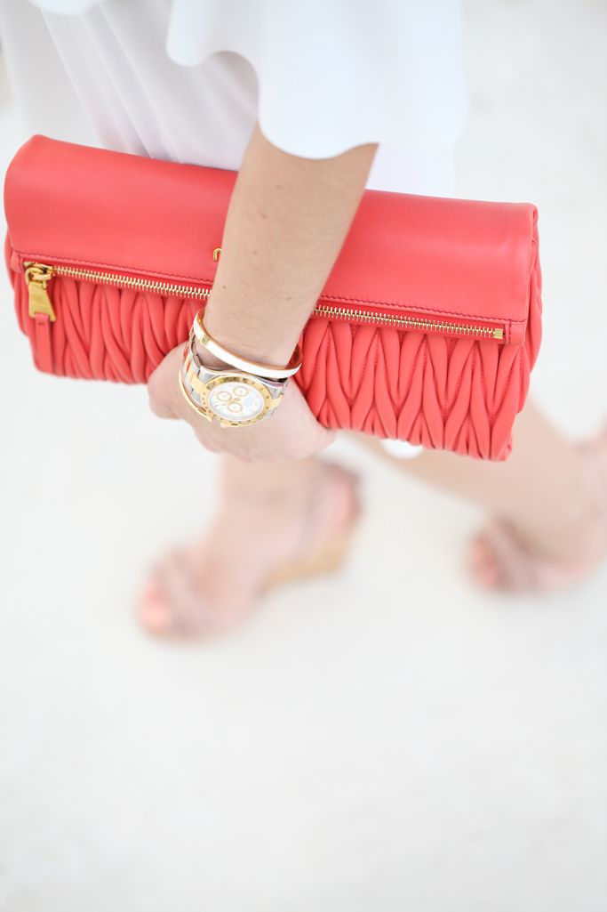 Blame-it-on-Mei-Miami-Fashion-Blogger-2016-Spring-Outfit-Look-Off-The-Shoulder-Dress-Miu-Miu-Coral-Clutch-Baublebar-Honolulu-Tassel-Earrings-Aquazzura-Wild-One-Tassel-Wedges