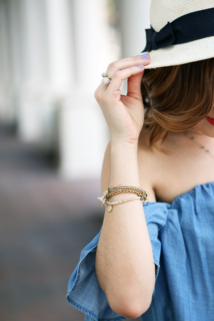 Blame-it-on-Mei-Miami-Fashion-Blogger-2016-Spring-Outfit-Look-Chambray-Off-The-Shoulder-Top-Stripe-Shorts-Panama-Hat-Calvin-Klein-Nola-Mules-Hermes-Scarf-On-Prada-Handbag-Y-Necklace-MAC-So-Chaud
