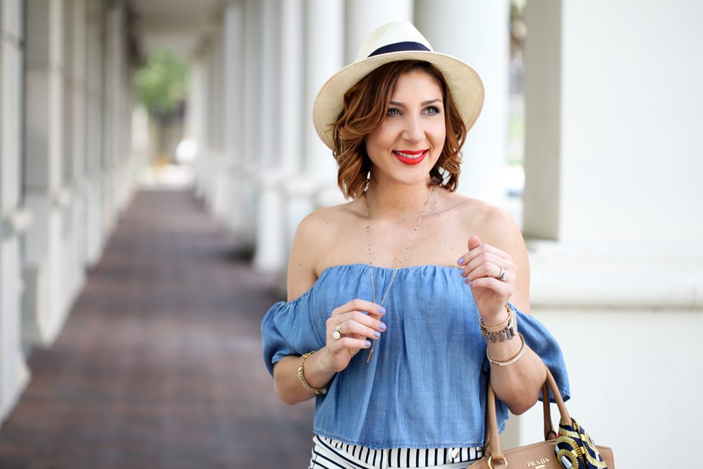 Blame-it-on-Mei-Miami-Fashion-Blogger-2016-Spring-Outfit-Look-Chambray-Off-The-Shoulder-Top-Stripe-Shorts-Panama-Hat-Calvin-Klein-Nola-Mules-Hermes-Scarf-On-Prada-Handbag-Y-Necklace-MAC-So-Chaud