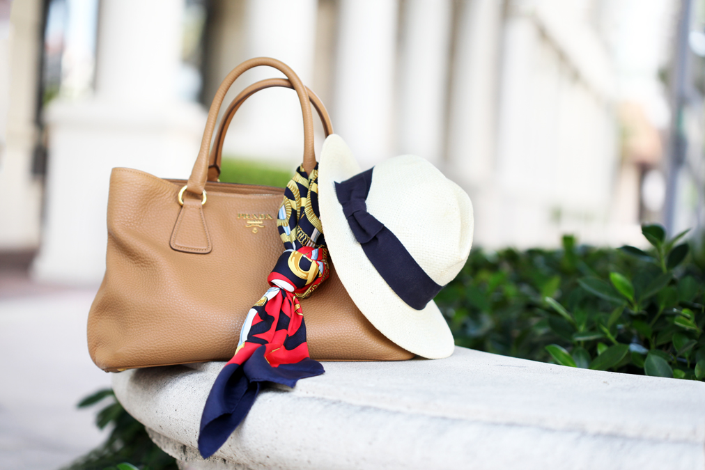 Blame-it-on-Mei-Miami-Fashion-Blogger-2016-Spring-Outfit-Look-Chambray-Off-The-Shoulder-Top-Stripe-Shorts-Panama-Hat-Calvin-Klein-Nola-Mules-Hermes-Scarf-On-Prada-Handbag-Y-Necklace-MAC-So-Chaud