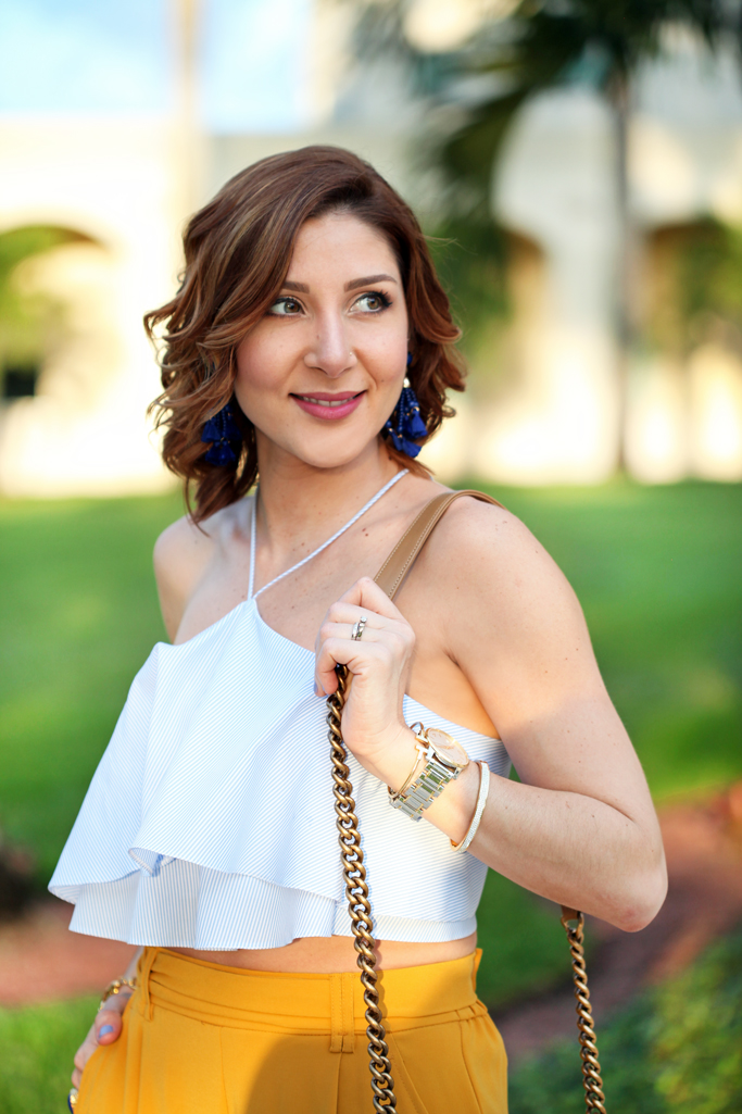 Blame-it-on-Mei-Miami-Fashion-Blogger-2016-Spring-Outfit-Look-Ruffle-Crop-Top-Wide-Trouser-Chanel-Boy-Aquazzura-Wild-One-Wedge-Tassel-Earrings-Soft-Waves-Short-Hair
