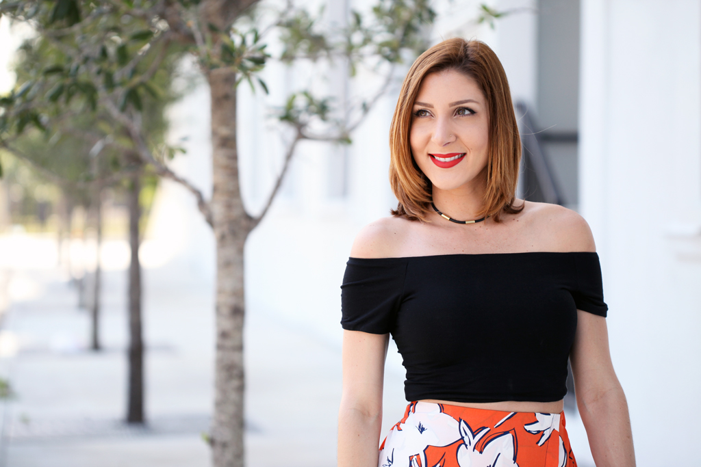 Blame-it-on-Mei-Miami-Fashion-Blogger-2016-Spring-Outfit-Look-Off-The-Shouder-Crop-Top-Floral-Wide-Trouser-Henri-Bendel-Debutante-Clutch-Choker