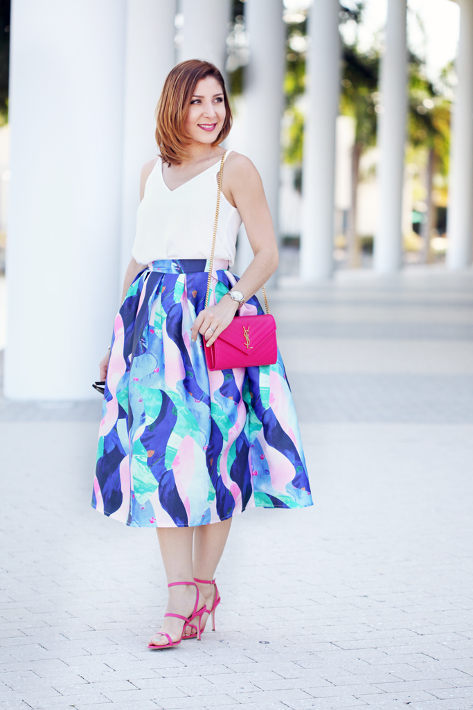 Blame-it-on-Mei-Miami-Fashion-Blogger-2016-Spring-Outfit-Wedding-Guest-Look-Chicwish-Marine-Fantasia-Midi-Skirt-YSL-Pink-Clutch-Manolo-Blahnink-Strappy-Sandals-Heels-YSL-Arty-Ring