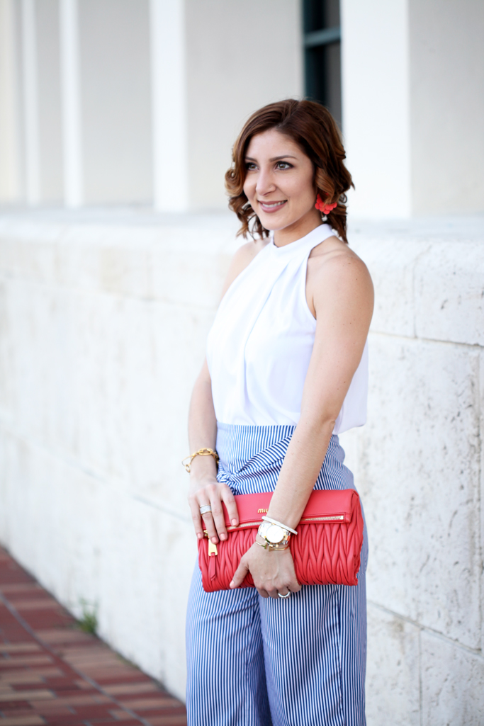 Blame-it-on-Mei-Miami-Fashion-Blogger-2016-Spring-Outfit-Look-Halter-Top-Bow-Stripe-Culotte-Baublebar-Zoe-Flower-Earrings-Miu-Miu-Coral-Clutch-Blush-Sandal-Soft-Waves-on-Short-Hair