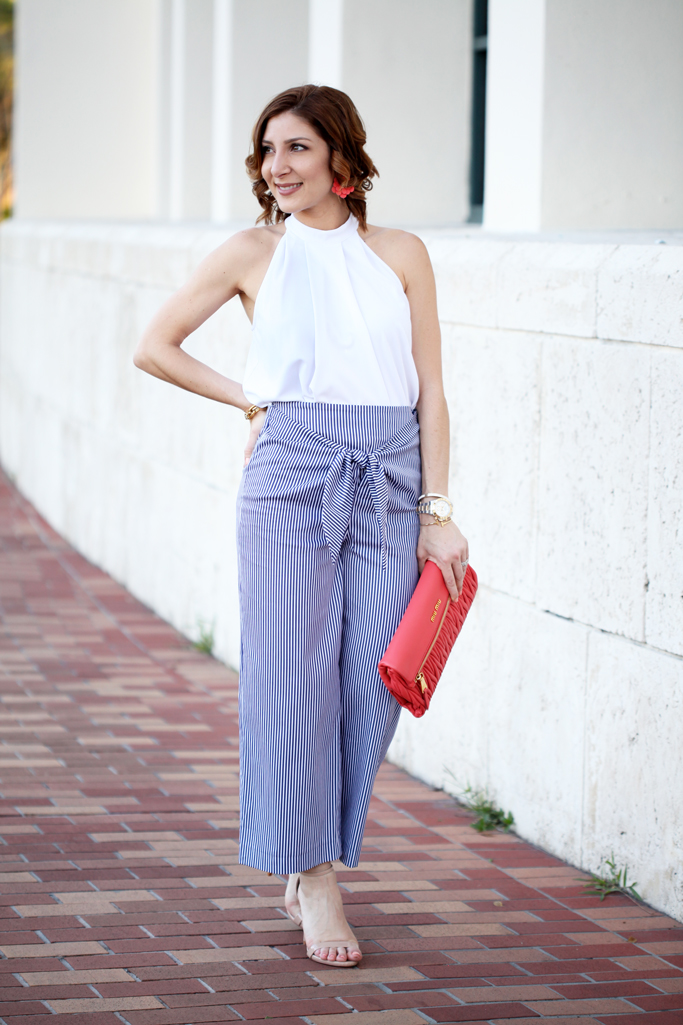 Blame-it-on-Mei-Miami-Fashion-Blogger-2016-Spring-Outfit-Look-Halter-Top-Bow-Stripe-Culotte-Baublebar-Zoe-Flower-Earrings-Miu-Miu-Coral-Clutch-Blush-Sandal-Soft-Waves-on-Short-Hair
