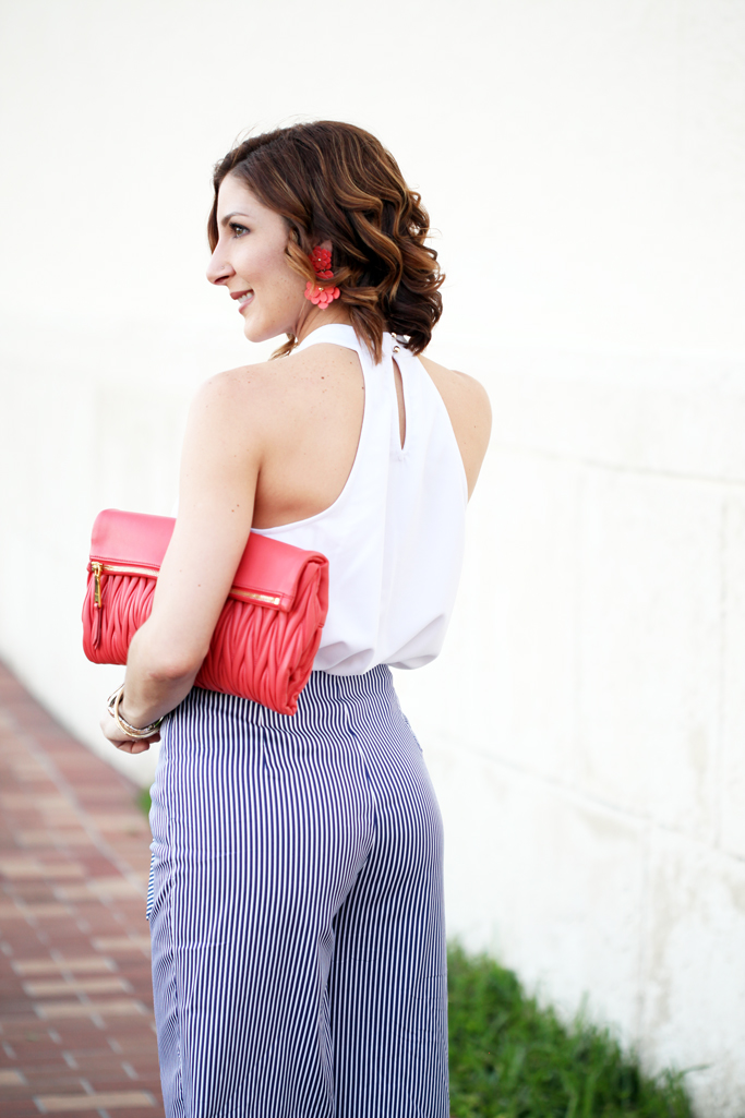 Blame-it-on-Mei-Miami-Fashion-Blogger-2016-Spring-Outfit-Look-Halter-Top-Bow-Stripe-Culotte-Baublebar-Zoe-Flower-Earrings-Miu-Miu-Coral-Clutch-Blush-Sandal-Soft-Waves-on-Short-Hair