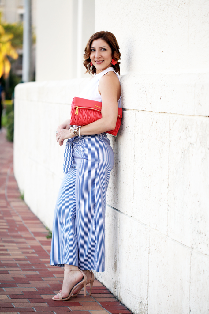 Blame-it-on-Mei-Miami-Fashion-Blogger-2016-Spring-Outfit-Look-Halter-Top-Bow-Stripe-Culotte-Baublebar-Zoe-Flower-Earrings-Miu-Miu-Coral-Clutch-Blush-Sandal-Soft-Waves-on-Short-Hair
