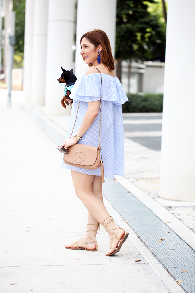 Stripe Out Off The Shoulder Dress Lace Up Sandals Blame it on