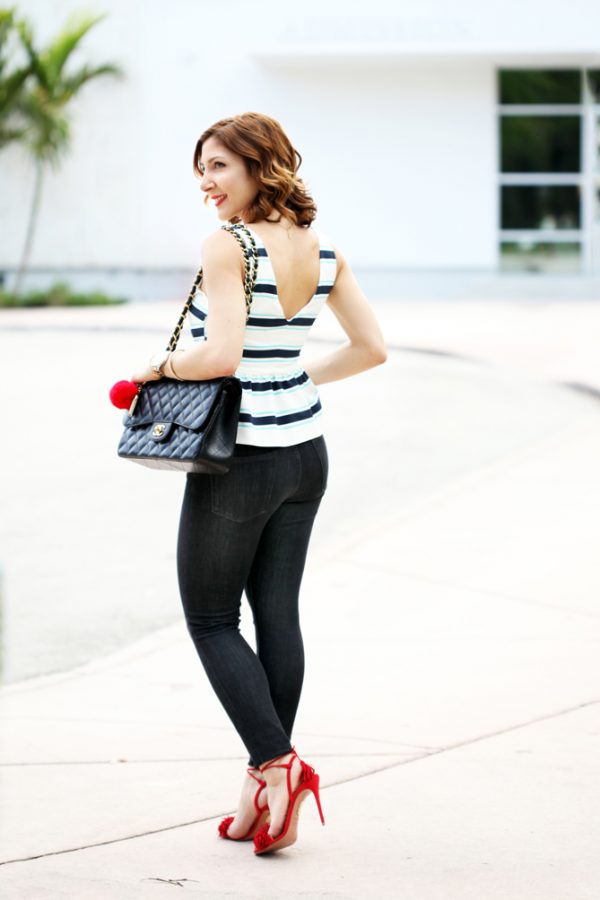 Blame-it-on-Mei-Miami-Fashion-Blogger-2016-Spring-Outfit-Look-Turquoise-YSL-Arty-Ring-Stripe-Peplum-Chanel-Classic-Aquazzura-Wild-Thing-Red-Soft-Waves-on-Short-Hair