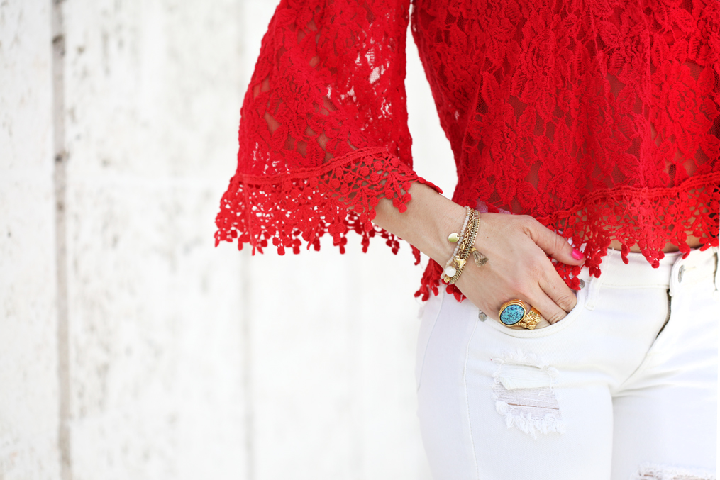 Blame-it-on-Mei-Miami-Fashion-Blogger-2016-Spring-Look-Summer-Outfit-Red-Crochet-Lace-Off-The-Shoulder-Valentino-Rockstud-Sandals-Chanel-Classic-White-Jeans-Tassel-Earrings