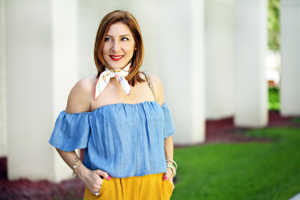 Blame-it-on-Mei-Miami-Fashion-Blogger-2016-Spring-Look-Summer-Casual-Outfit-Chambra-Off-The-Shoulder-How-To-Wear-Neck-Scarf-Valentino-Rockstud-Crossbody-Culottes