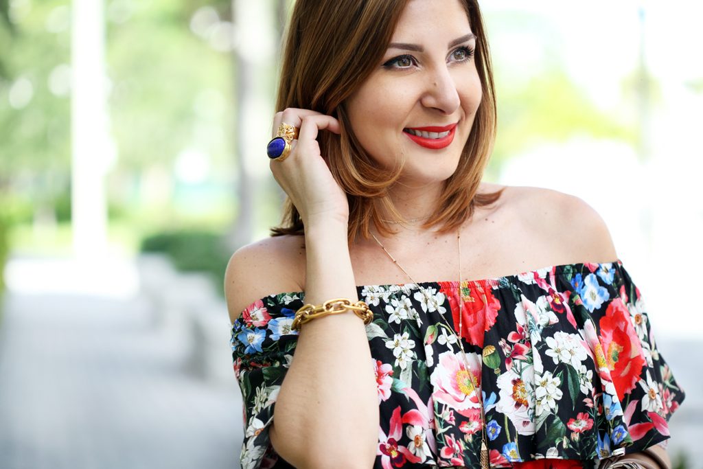 Blame-it-on-Mei-Miami-Fashion-Blogger-2016-Summer-Outfit-Floral-Off-The-Shoulder-Top-White-Denim-Jeans-Aquazzura-Wild-Thing-Tassel-Sandals-Red-Blush-Miu-Miu-Handbag