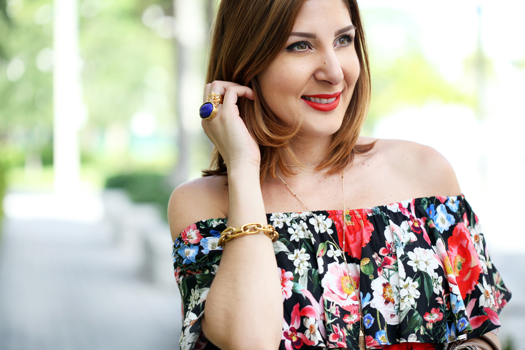 Blame-it-on-Mei-Miami-Fashion-Blogger-2016-Summer-Outfit-Floral-Off-The-Shoulder-Top-White-Denim-Jeans-Aquazzura-Wild-Thing-Tassel-Sandals-Red-Blush-Miu-Miu-Handbag