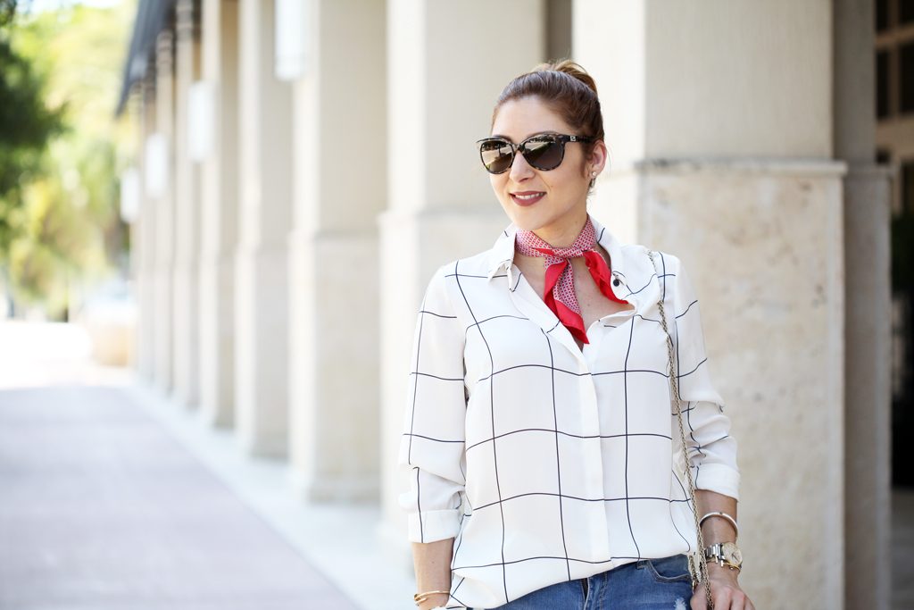 Blame-it-on-Mei-Miami-Fashion-Blogger-2016-Summer-Outfit-Neck-Scarf-Grid-Blouse-Ripped-Shorts-Chanel-Espadrilles-Valentino-Glam-Lock-Rockstud-Handbag-Hermes-Clic-Clac-H