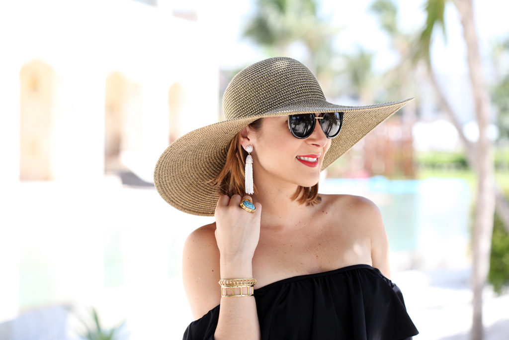 Blame-it-on-Mei-Miami-Fashion-Blogger-2016-Summer-Look-Off-The-Shoulder-Swimsuit-Black-Animal-Print-Cover-Up-Floppy-Beach-Hat-Secrets-Maroma-Riviera-Maya