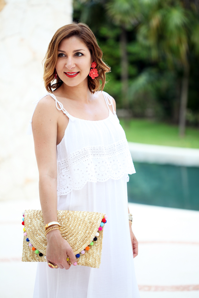 Blame-it-on-Mei-Miami-Fashion-Blogger-2016-Summer-Look-Tiered-Embroidered-Long-White-Linen-Dress-Pom-Pom-Straw-Clutch-Tassel-Wedges-Secrets-Maroma-Riviera-Maya
