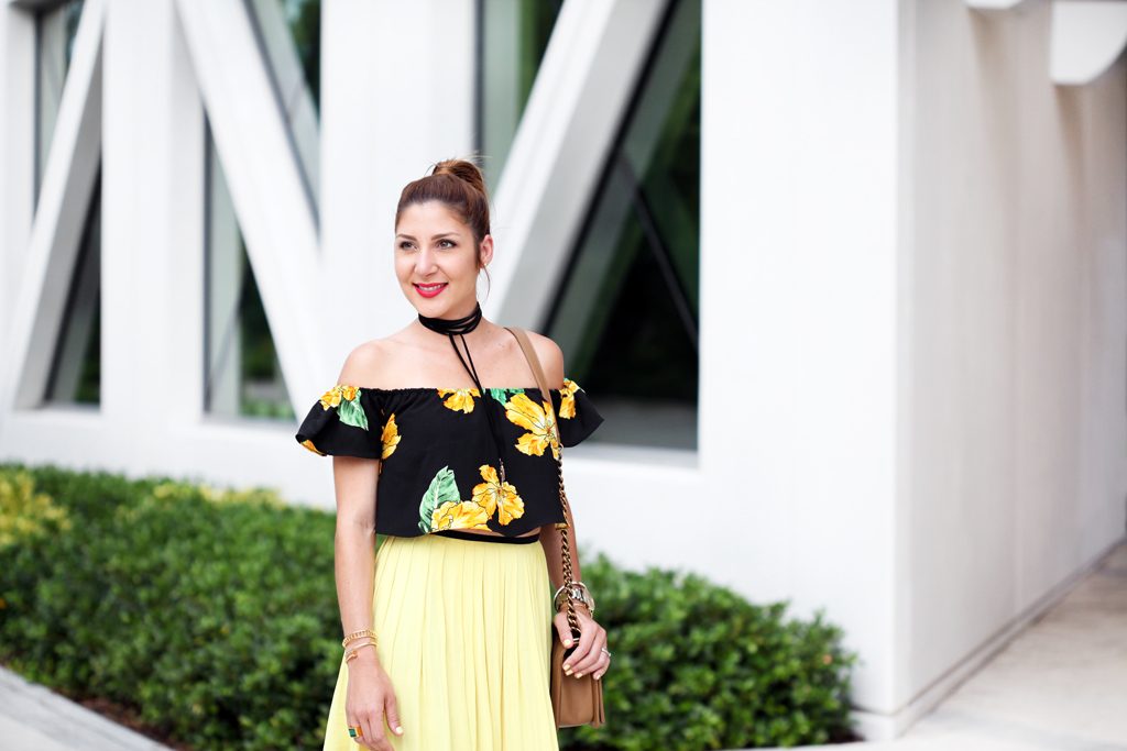 Blame-it-on-Mei-Miami-Fashion-Blogger-Swim-Week-2016-Summer-Look-Chiffon-Yellow-Midi-Skirt-Choker-With-Floral-Off-The-Shoulder-Strap-Heel-Sandals-Chanel-Boy