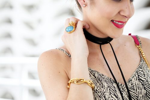 Blame-it-on-Mei-Miami-Fashion-Blogger-2016-Summer-Outfit-Printed-Jumpsuit-YSL-Hot-Pink-Clucth-Strap-Wrap-Around-Sandals-Baublebar-Lariat-Choker-YSL-Arty-Ring