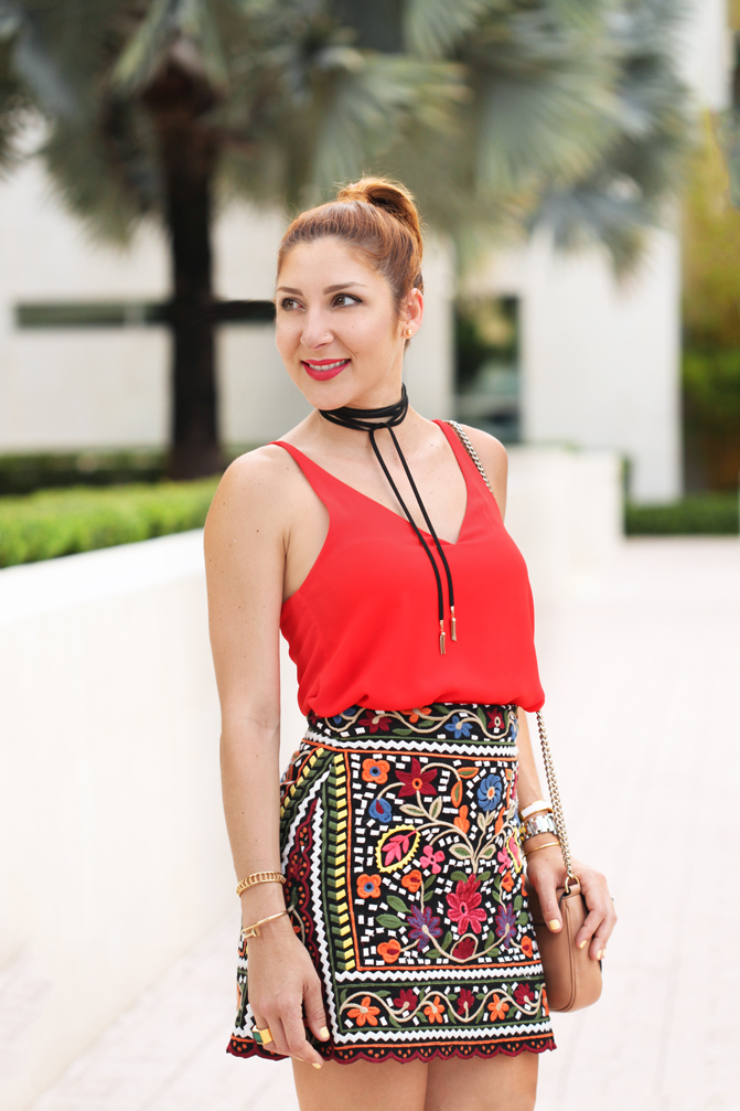 Blame-it-on-Mei-Miami-Fashion-Blogger-Swim-Week-2016-Summer-Look-Embroidered-Floral-Mini-Skirt-Choker-Valentino-Rockstud-Sandals-Hermes-H-bracelet-Gucci-Soho-Crossbody