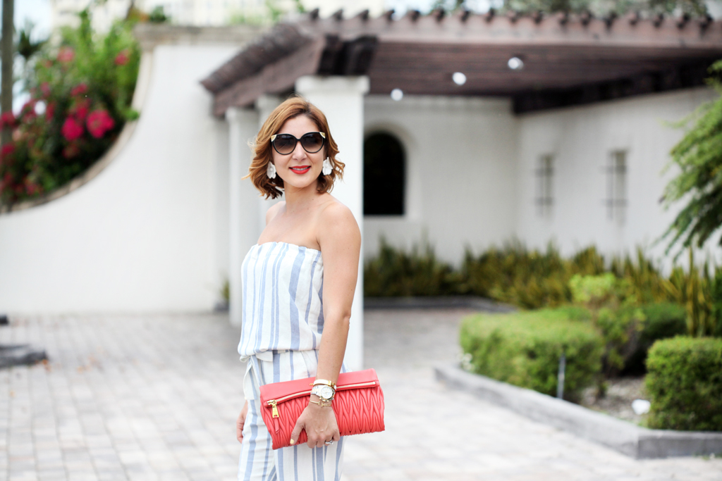 Blame-it-on-Mei-Miami-Fashion-Blogger-2016-Strapless-Stripe-Jumpsuit-Summer-Look-Casual-Outfit-Soft-Waves-on-Short-Hair-Tassel-Wedges-Miu-Miu-Envelope-Clutch-Geranium-Earrings