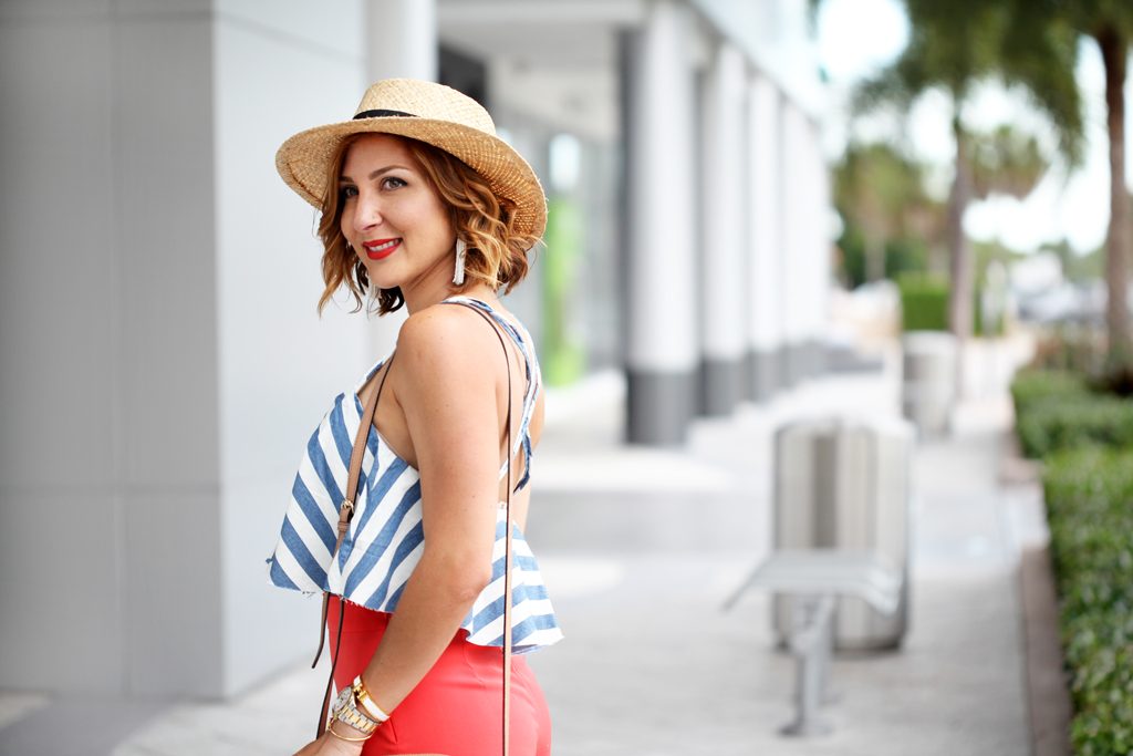 Blame-it-on-Mei-Miami-Fashion-Blogger-2016-Stripe-Crop-Top-Summer-Look-Culottes-in-Hot-Orange-Waves-on-Short-Hair-Wedges-Boaters-Straw-Hat-Baublebar-Tassel-Earrings-Gucci-Soho-Disco