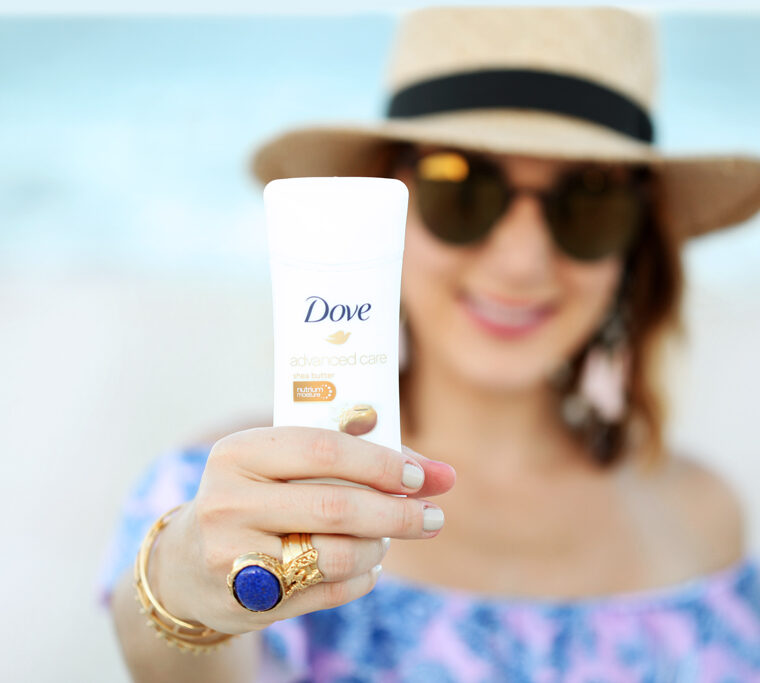 Blame-it-on-Mei-Miami-Fashion-Beauty-Blogger-2016-Dove-Dove Advanced Care Antiperspirant Deoderant-Beach-Look-Swimsuit-Outfit-Off-The-Shoulder-Bikini-Bathing-Suit-Pom-Beach-Bag-Tassel-Earrings